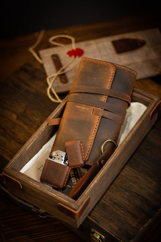 Ahşap Kutulu Algos Tütün Kılıfı Üçlü Hediye Seti