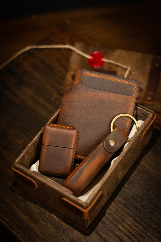 Ahşap Kutulu Bifold Dik Cüzdan Üçlü Hediye Seti