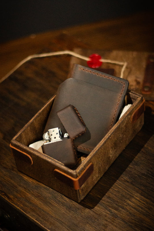 Ahşap Kutulu Bifold Dik Cüzdan İkili Hediye Seti